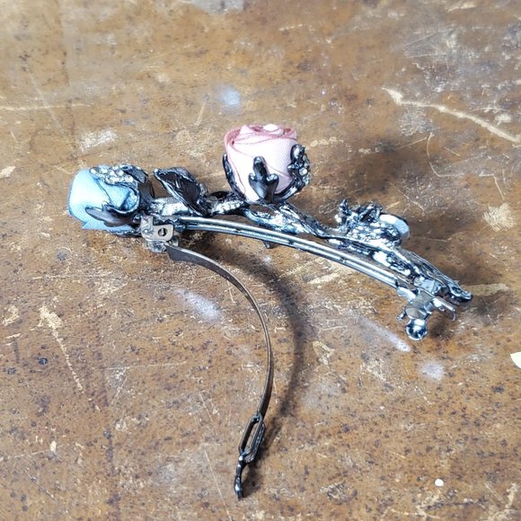 Dark Blue & Gray-Blue Silk Petite Roses Barrette - Pearl - Garnet… - Picture 8 of 10